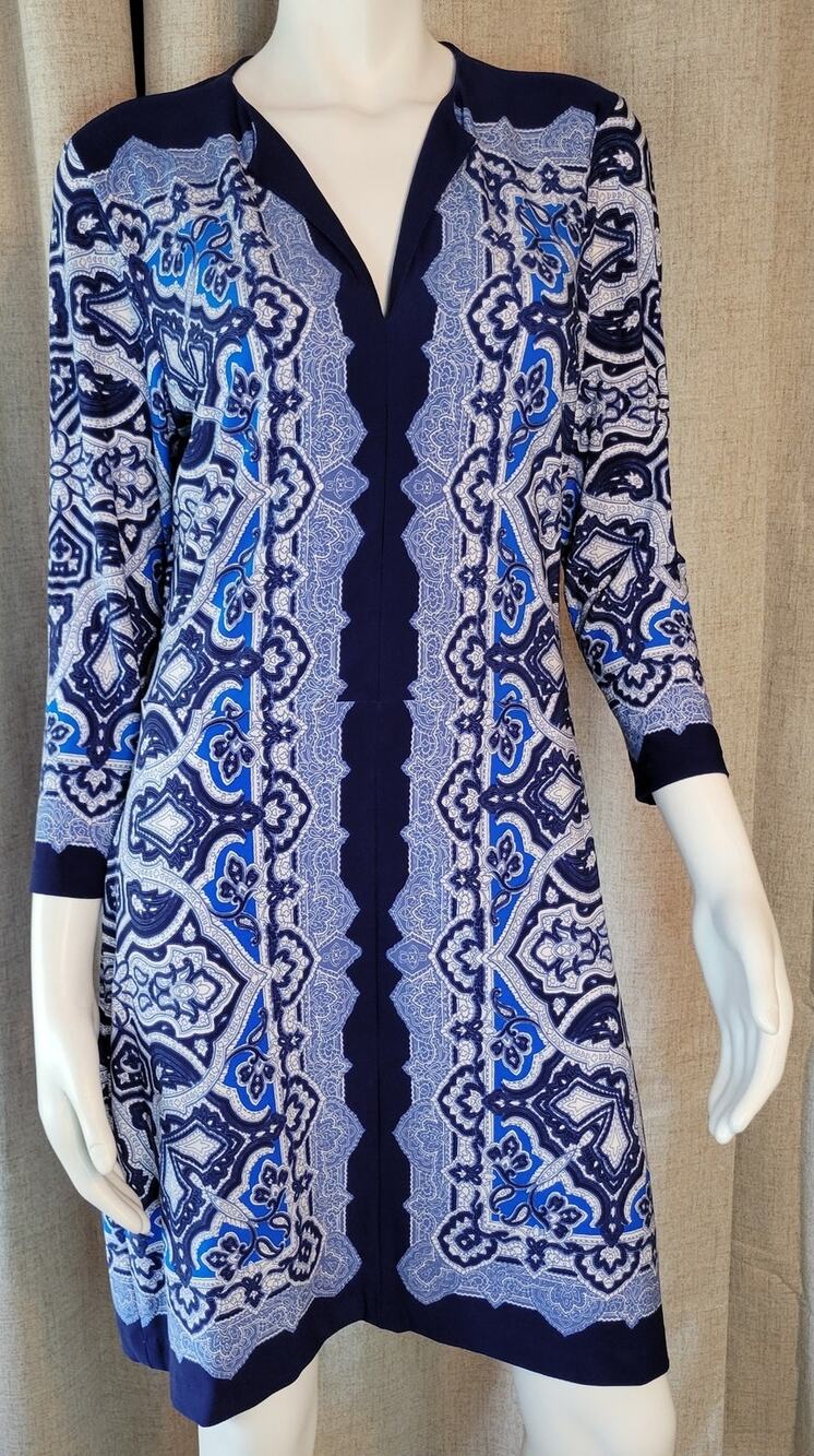 Cache Blue White Print 3/4 Sleeve Sheath Dress Knee Length Paisley Women's Large